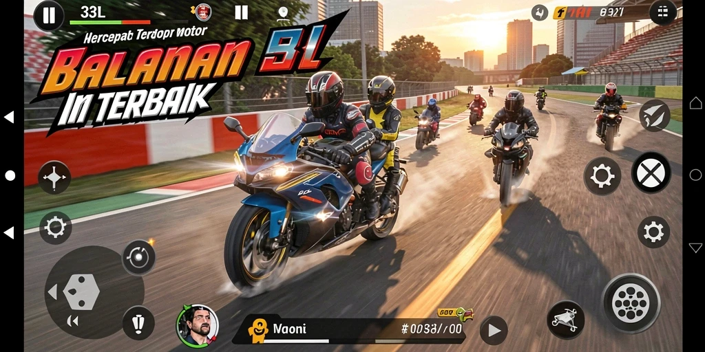 Tampilan gameplay seru di 33L dengan balapan motor cepat.