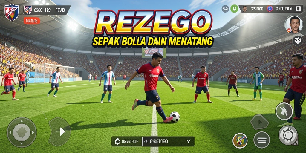 Tampilan gameplay <strong>REZEGO</strong> yang memukau di lapangan sepak bola.