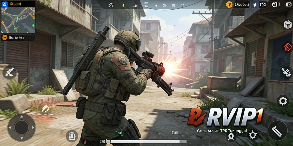 Tampilan gameplay RVIP1 dengan aksi tembak-menembak yang intens.