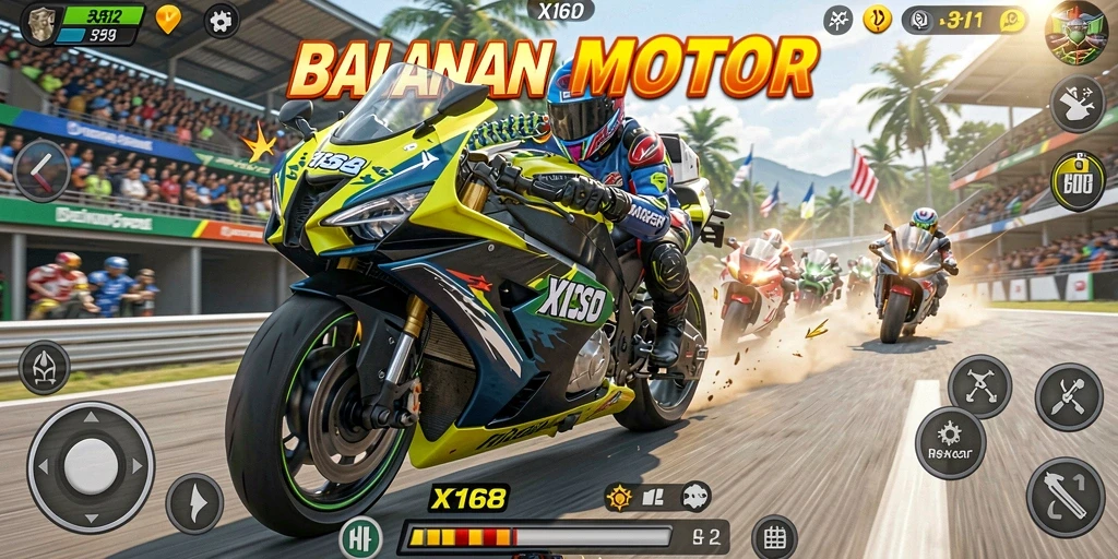 Tampilan gameplay X168 dengan motor balap menakjubkan dan lintasan yang seru.